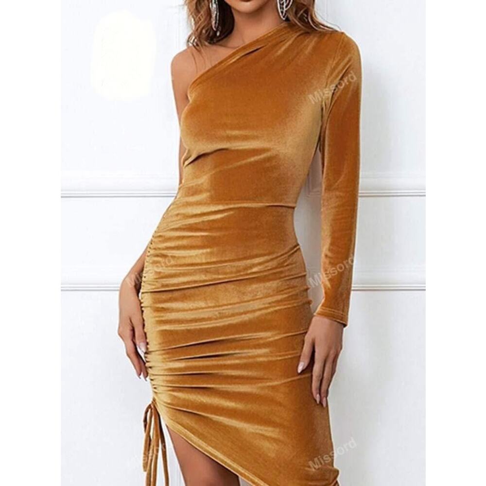🌟MISSORD Velvet Crush One Shoulder Long Sleeve Midi Dress Mineral Gold Size XL